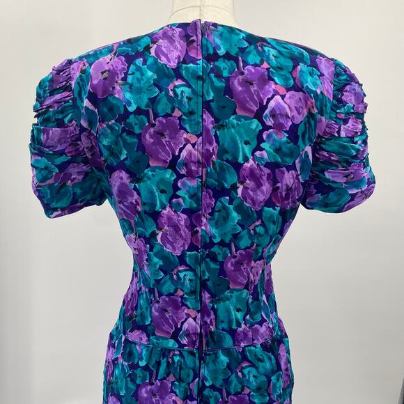 Vintage 80s Maggy London Silk Dress Ruched Sleeves Floral Printed Blue Womens 6 - Picture 8 of 10